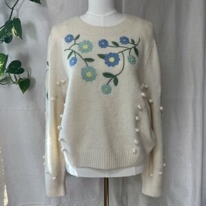 & OTHER STORIES PARIS ATELIER SWEATER SZ L ALPACA WOOL BLEND FLORAL EMBROIDERED